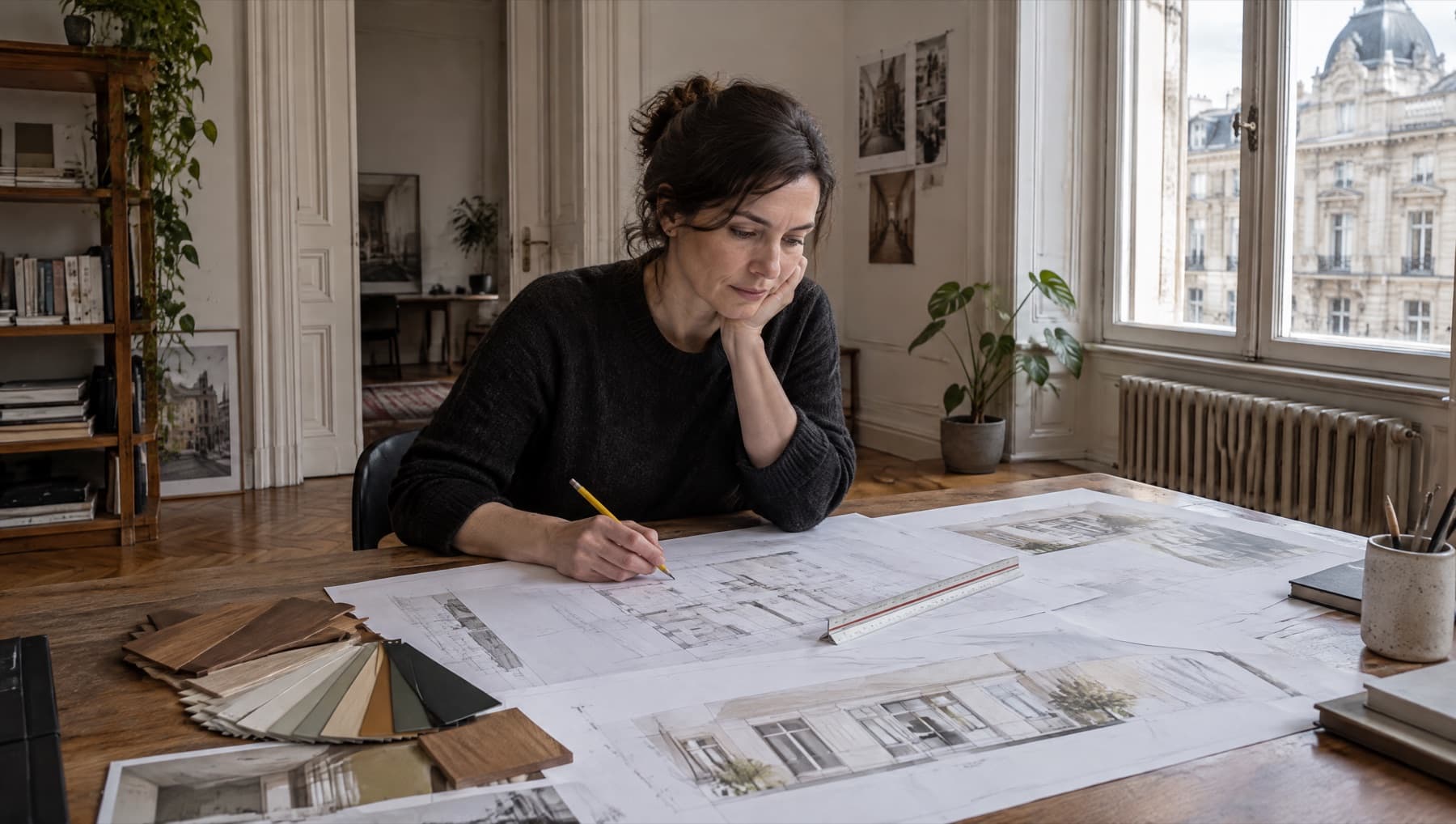 O arhitectă de interior lucrează la planșe, cu mostre de materiale pe birou